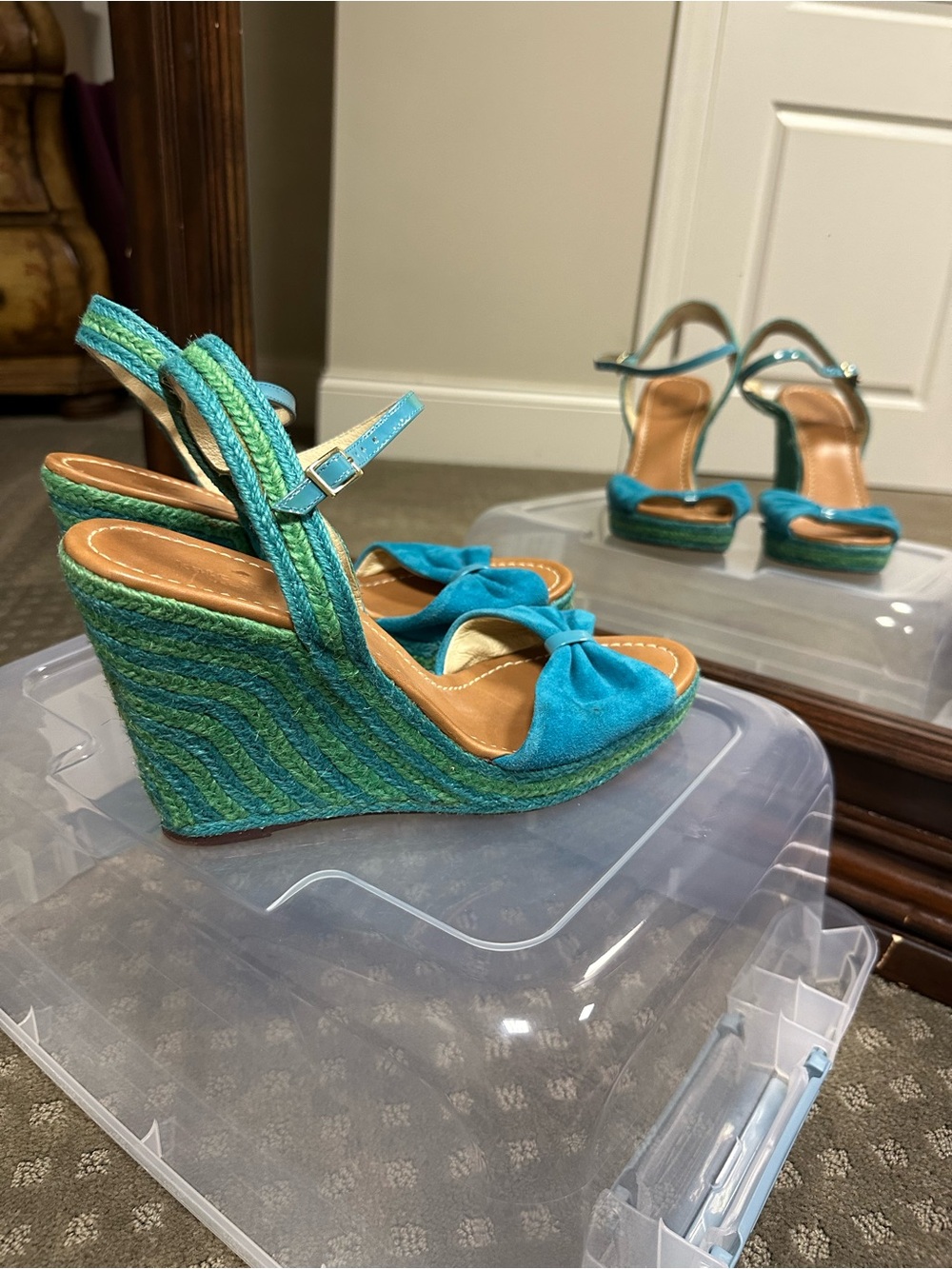 kate spade Teal & Green Knotted Suede Wedge Sandals
